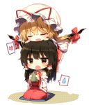  2girls :o ascot bangs bare_shoulders barefoot black_hair blonde_hair blush bow brown_eyes chibi closed_eyes commentary_request cup detached_sleeves dress drinking_glass eyebrows_visible_through_hair frilled_bow frilled_shirt_collar frills gap hair_between_eyes hair_bow hair_tubes hakurei_reimu hands_on_another&#039;s_head hat hat_ribbon heart holding holding_cup layered_dress long_hair long_sleeves mob_cap multiple_girls open_mouth petticoat polka_dot red_bow red_ribbon red_skirt ribbon ribbon-trimmed_sleeves ribbon_trim shinoba sidelocks simple_background skirt skirt_set smile spoken_heart spoken_sweatdrop sweat sweatdrop touhou tsurime white_background white_dress white_hat wide_sleeves yakumo_yukari yellow_neckwear yuri 