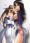  2girls :d ainu_clothes ass black_hair blush breasts brown_eyes brown_hair chains chikuma_(kantai_collection) closed_mouth commentary_request cosplay dress hair_between_eyes hair_ribbon kamoi_(kantai_collection) kamoi_(kantai_collection)_(cosplay) kantai_collection kyon_(fuuran) large_breasts lips long_hair looking_at_viewer multiple_girls open_mouth pelvic_curtain ribbon sideboob small_breasts smile tone_(kantai_collection) twintails upper_teeth white_ribbon wrist_guards 