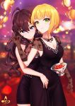  2girls :3 :t ahoge bangs bare_shoulders black_dress black_gloves blonde_hair blue_eyes blush bowl breasts brown_hair cherry cleavage closed_mouth collarbone commentary_request dress earrings eating eyebrows_visible_through_hair floral_print food fruit gloves green_eyes hair_between_eyes highres holding ichinose_shiki idolmaster idolmaster_cinderella_girls idolmaster_cinderella_girls_starlight_stage infinote jewelry lazy_lazy_(idolmaster) lips long_hair looking_at_viewer medium_breasts miyamoto_frederica multiple_girls short_hair sleeveless sleeveless_dress smile upper_body wavy_hair 