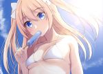  1girl bare_arms bare_shoulders bikini blonde_hair blue_background blue_eyes breasts candy clouds commentary_request eating eyebrows_visible_through_hair food hair_between_eyes halterneck holding lollipop long_hair looking_at_viewer nekobaka original small_breasts solo swimsuit two_side_up upper_body white_bikini 