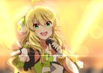  1girl ahoge blonde_hair bow bracelet collarbone eyebrows_visible_through_hair fingerless_gloves gloves green_eyes hair_between_eyes hair_bow holding holding_microphone hoshii_miki idolmaster idolmaster_(classic) jewelry lens_flare lieass long_hair looking_at_viewer microphone necklace shiny shiny_hair sketch solo sparkle upper_body white_gloves 