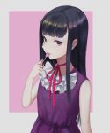  1girl arm_at_side black_eyes black_hair candy cl dress food grey_background hand_up high_score_girl lollipop long_hair looking_at_viewer oono_akira pink_background purple_dress red_ribbon ribbon simple_background solo standing upper_body 