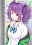 1girl bow eyebrows_visible_through_hair green_jacket idolmaster idolmaster_shiny_colors jacket looking_at_viewer moco_insanity off_shoulder open_mouth plaid plaid_bow purple_hair school_uniform shirt short_twintails solo tanaka_mamimi twintails violet_eyes white_shirt 