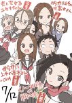  1boy 6+girls :d absurdres bangs black_hair black_sailor_collar black_skirt brown_eyes brown_hair character_request commentary_request dual_persona glasses hair_ornament hairclip highres index_finger_raised jitome karakai_jouzu_no_takagi-san kunoichi_tsubaki_no_mune_no_uchi looking_at_another looking_at_viewer multiple_girls neckerchief nishikata nishikata_chii open_mouth parted_bangs pleated_skirt ponytail red_neckwear sailor_collar sanpaku school_uniform semi-rimless_eyewear serafuku skirt smile takagi-san time_paradox tsubaki_(kunoichi_tsubaki_no_mune_no_uchi) under-rim_eyewear waving white_background yamamoto_souichirou 