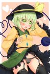  1girl arm_up bangs black_hat black_panties blush border bow breasts commentary_request cowboy_shot eyebrows_visible_through_hair floral_print frilled_shirt_collar frilled_sleeves frills garter_belt green_eyes green_hair green_skirt groin hair_between_eyes hand_on_headwear hat hat_bow heart heart_of_string highres komeiji_koishi lace lace-trimmed_panties lips long_sleeves medium_breasts open_mouth outside_border panties petticoat pink_background shiny shiny_skin shirt short_hair simple_background skirt skirt_lift solo standing thigh-highs thighs third_eye tokoya_(ex-hetare) touhou underwear white_border wide_sleeves yellow_bow yellow_shirt 