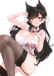  1girl alternate_costume animal_ears ass atago_(azur_lane) azur_lane bangs black_hair black_legwear blush breasts bridal_gauntlets brown_eyes china_dress chinese_clothes cleavage cleavage_cutout closed_mouth commentary_request dress extra_ears eyebrows_visible_through_hair garter_straps gloves hair_ribbon hand_on_own_breast hand_up highres knee_up large_breasts long_hair looking_at_viewer minikon mole mole_under_eye ribbon simple_background single_glove skindentation smile solo swept_bangs thigh-highs thighs white_background white_dress white_ribbon wristband 