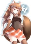  1girl absurdres animal_ears brown_gloves brown_hair brown_legwear commentary dhole_(kemono_friends) dog_ears dog_tail elbow_gloves extra_ears eyebrows_visible_through_hair fur_collar gloves highres japari_symbol kanzakietc kemono_friends long_hair looking_at_viewer open_mouth plaid plaid_skirt pleated_skirt skirt solo tail thigh-highs 
