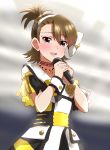  1girl :d blush bracelet brown_eyes brown_hair collarbone crying crying_with_eyes_open eyebrows_visible_through_hair futami_ami hair_between_eyes hair_ornament hairband holding holding_microphone idol idolmaster idolmaster_(classic) jewelry lieass microphone necklace one_side_up open_mouth shiny shiny_hair short_hair smile solo stage standing tears upper_body white_hairband wristband 