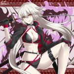  1girl ass_visible_through_thighs bangs belt_buckle bikini black_belt black_bikini black_choker black_gloves black_jacket breasts brown_eyes buckle choker cleavage collarbone commentary_request eyebrows_visible_through_hair fate/grand_order fate_(series) gloves grin hair_between_eyes hand_on_own_knee hebitsukai-san highres jacket jeanne_d&#039;arc_(alter_swimsuit_berserker) jeanne_d&#039;arc_(fate)_(all) leg_belt long_hair long_sleeves medium_breasts navel o-ring o-ring_bikini o-ring_bottom o-ring_top silver_hair sitting smile solo swimsuit v-shaped_eyebrows very_long_hair 