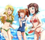  3girls ;d ahoge amami_haruka ball beachball bikini blonde_hair blue_swimsuit blush bow breasts brown_hair character_name cleavage closed_eyes collarbone cowboy_shot day eyebrows_visible_through_hair green_bikini green_eyes hair_between_eyes hair_bow hair_ornament hair_scrunchie holding holding_ball hoshii_miki idolmaster idolmaster_(classic) lieass long_hair looking_at_viewer medium_breasts multiple_girls navel ocean one_eye_closed open_mouth outdoors red_bikini red_bow school_swimsuit scrunchie shiny shiny_hair short_hair side-tie_bikini sketch smile standing swimsuit takatsuki_yayoi transparent twintails white_bow 