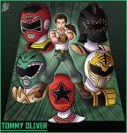 1boy belt black_dino_thunder_ranger boots brown_eyes brown_footwear brown_hair commentary green_background green_pants helmet ian_dimas_de_almeida long_hair mighty_morphin_power_rangers muscle open_mouth pants ponytail pose power_rangers power_rangers_dino_thunder power_rangers_turbo power_rangers_zeo red_turbo_ranger saban_entertainment tank_top title tommy_oliver white_tank_top zeo_ranger_v_red