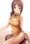  1girl breasts brown_eyes brown_hair china_dress chinese_clothes cleavage cleavage_cutout dress idolmaster idolmaster_cinderella_girls large_breasts long_hair looking_at_viewer mifune_miyu nannacy7 no_panties smile solo 