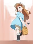  1girl :d bag black_footwear blue_shirt boots brown_eyes brown_hair commentary_request eyebrows_visible_through_hair hat hataraku_saibou holding holding_bag long_hair looking_to_the_side open_mouth oversized_clothes oversized_shirt platelet_(hataraku_saibou) shirt short_sleeves shorts smile solo t-shirt tabata_hisayuki walking white_hat 