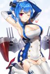  1girl ahoge armpits arms_up azur_lane bangs bare_shoulders blue_hair blush breasts cleavage clothes_writing dress elbow_gloves eyebrows_visible_through_hair flying_heart garter_straps gijang gloves gradient gradient_background hair_between_eyes hair_ornament hand_behind_head kneeling large_breasts long_hair looking_at_viewer machinery one_eye_closed open_mouth ribbon rigging rudder_shoes short_dress sidelocks simple_background skindentation solo st._louis_(azur_lane) thigh-highs violet_eyes white_gloves white_legwear 