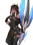  1girl armor arrow bare_shoulders black_sclera blonde_hair boots bow_(weapon) breastplate breasts cleavage commentary ears_through_headwear english_commentary faulds gauntlets highres holding holding_bow_(weapon) holding_weapon hood hood_up large_breasts less looking_at_viewer metal_boots monster_hunter monster_hunter:_world original pelvic_curtain pointy_ears quiver signature simple_background smile solo spikes standing thigh-highs thigh_boots vaal_hazak_(armor) weapon white_background white_eyes 