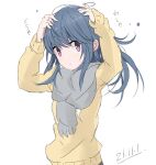  1girl :o adjusting_hair arms_up bangs blue_hair commentary_request core_(mayomayo) cowboy_shot dated grey_scarf hands_in_hair long_hair long_sleeves messy_hair parted_lips scarf shima_rin simple_background solo sweater translation_request violet_eyes white_background yellow_sweater yurucamp 