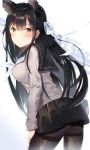  1girl animal_ears ass atago_(azur_lane) azur_lane bangs black_hair black_legwear blush braid breasts brown_eyes cardigan character_name closed_mouth cowboy_shot extra_ears eyebrows_visible_through_hair french_braid from_behind hair_ribbon hand_on_own_thigh highres leaning_forward long_hair looking_at_viewer looking_back medium_breasts miamuly mole mole_under_eye neckerchief pantyhose pleated_skirt ribbon sailor_collar school_uniform skirt smile solo swept_bangs thighband_pantyhose twisted_torso uniform white_neckwear white_ribbon 