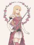  1girl blonde_hair brown_hair elbow_gloves fire_emblem fire_emblem:_seisen_no_keifu gloves holding holding_sword holding_weapon iktk lachesis_(fire_emblem) long_hair looking_at_viewer skirt solo sword weapon 