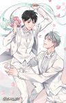  2boys artist_name black_hair blue_eyes bouquet brown_eyes couple eyebrows_visible_through_hair fingernails flower formal gearous grey_background grey_hair half-closed_eyes highres husband_and_husband jewelry katsuki_yuuri light_smile looking_at_another looking_down looking_up male_focus multiple_boys necktie petals pink_flower pink_rose purple_flower ribbon ring rose short_hair simple_background smile suit teeth vest viktor_nikiforov wedding_ring white_background white_flower white_suit yaoi yellow_flower yuri!!!_on_ice 