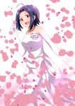  1girl ahoge black_hair breasts collarbone dress elbow_gloves flower gloves idolmaster idolmaster_(classic) jewelry large_breasts lieass long_dress miura_azusa necklace petals pink_flower pink_rose ribbon rose shiny shiny_hair shiny_skin short_hair sleeveless sleeveless_dress solo standing strapless strapless_dress wedding_dress white_dress white_flower white_gloves white_ribbon white_rose 