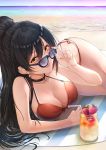  1girl beach bikini breasts choker cleavage commentary_request drink highres maou(demonlord) ocean ponytail shirase_sakuya smile solo sunglasses swimsuit tagme 