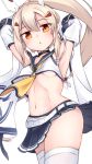  1girl :o armpits arms_behind_head ayanami_(azur_lane) azur_lane belt black_choker black_legwear black_skirt blonde_hair blurry blush breasts choker commentary_request detached_sleeves eyebrows_visible_through_hair hair_between_eyes headgear highres hurapan long_hair looking_at_viewer medium_breasts midriff navel orange_eyes sailor_collar school_uniform serafuku simple_background skirt solo thigh-highs under_boob white_background wide_sleeves 