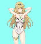  1girl alternate_costume athenawyrm bare_shoulders blonde_hair blush breasts cleavage mythra_(xenoblade) large_breasts long_hair looking_at_viewer one-piece_swimsuit simple_background solo swimsuit white_background xenoblade_(series) xenoblade_2 yellow_eyes 