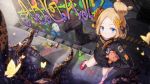  1girl abigail_williams_(fate/grand_order) bae.c bangs black_bow black_jacket blonde_hair blue_eyes bow character_name closed_mouth commentary_request fate/grand_order fate_(series) from_above graffiti hair_bow hair_bun hand_up highres jacket long_hair long_sleeves looking_at_viewer looking_up medjed object_hug orange_bow parted_bangs polka_dot polka_dot_bow red_footwear revision shoes sleeves_past_fingers sleeves_past_wrists smile solo spray_can standing stuffed_animal stuffed_toy suction_cups teddy_bear tentacle 