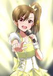  1girl :d bow brown_eyes brown_hair collarbone dress futami_mami hair_between_eyes hair_ornament head_tilt high_ponytail holding holding_microphone idolmaster idolmaster_(classic) index_finger_raised lieass long_hair looking_at_viewer microphone open_mouth short_sleeves side_ponytail sketch smile solo wrist_cuffs yellow_bow yellow_dress 