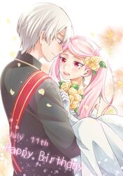  1boy 1girl bangs bekkourico black_jacket carrying couple dress elbow_gloves eye_contact floating_hair flower formal gloves hair_flower hair_ornament happy_birthday jacket kakumeiki_valvrave l-elf lieselotte_w_dorssia long_dress long_hair looking_at_another makeup mascara parted_bangs petals pink_hair princess_carry red_eyes rose sash silver_hair sleeveless sleeveless_dress twintails violet_eyes wedding_dress white_background white_dress white_gloves yellow_flower yellow_rose 