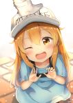  1girl ;d artist_name bangs blue_shirt blush brown_eyes character_name clothes_writing collarbone eyebrows_visible_through_hair flat_cap gloves hair_between_eyes hand_on_another&#039;s_head hands_up hat hataraku_saibou headwear_writing light_brown_hair long_hair looking_at_viewer one_eye_closed open_mouth platelet_(hataraku_saibou) shirt short_sleeves signature smile solo_focus sylphine very_long_hair white_gloves white_hat 