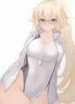  1girl black-framed_eyewear blonde_hair blue_eyes cowboy_shot fate/apocrypha fate/grand_order fate_(series) glasses highres hood hooded_jacket jacket jeanne_d&#039;arc_(fate) jeanne_d&#039;arc_(fate)_(all) jeanne_d&#039;arc_(swimsuit_archer) long_hair looking_at_viewer mobu ponytail simple_background smile solo swimsuit very_long_hair whistle whistle_around_neck white_background white_jacket white_swimsuit 