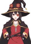  1girl :d belt black_coat black_hair black_hat brown_gloves cloak collar collarbone cosmicsnic dress eyebrows_visible_through_hair eyepatch fingerless_gloves gloves hair_between_eyes hands_on_hips hat highres kono_subarashii_sekai_ni_shukufuku_wo! megumin open_mouth red_dress red_eyes short_hair simple_background smile solo standing upper_body white_background witch_hat 