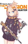  1girl aa-12 abigail_williams_(fate/grand_order) animal_print axe bangs black_bow black_jacket blonde_hair blue_eyes blush bow closed_mouth commentary_request copyright_name crossed_bandaids eyebrows_visible_through_hair fate/grand_order fate_(series) gun hair_bow hair_bun head_tilt heroic_spirit_traveling_outfit highres holding holding_axe holding_gun holding_weapon jacket key korean_commentary long_hair long_sleeves looking_at_viewer ocs3533 orange_bow outline parted_bangs polka_dot polka_dot_bow shotgun simple_background sleeves_past_fingers sleeves_past_wrists solo star suction_cups tentacle tiger_print tom_clancy&#039;s_the_division trigger_discipline weapon white_background white_outline 