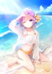  1girl ;) beach blue_sky day flower full_body hair_flower hair_ornament hand_up navel ocean official_art omc one_eye_closed outdoors purple_hair see-through sitting sky smile solo swimsuit violet_eyes wariza watermark waves web_address wet 