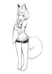  1girl ahoge animal_ear_fluff animal_ears bangs barefoot bike_shorts blunt_bangs fox_ears fox_girl_(jaco) fox_tail full_body greyscale holding_own_tail jaco looking_at_viewer monochrome off_shoulder original shirt short_hair_with_long_locks sidelocks simple_background solo standing tail thick_eyebrows white_background 