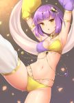  1girl :o arm_garter arms_up bangs black_background blunt_bangs breasts cleavage commentary_request dancer hair_ornament jewelry leg_up looking_at_viewer medium_breasts navel original purple_hair sasaame short_hair solo standing standing_on_one_leg yellow_eyes 