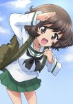  1girl :d akiyama_yukari backpack bag bangs black_neckwear blouse blue_sky brown_eyes brown_hair clouds cloudy_sky commentary cowboy_shot day eyebrows_visible_through_hair girls_und_panzer green_skirt kanau leaning_forward long_sleeves looking_at_viewer messy_hair miniskirt neckerchief ooarai_school_uniform open_mouth outdoors pleated_skirt salute school_uniform serafuku short_hair skirt sky smile solo standing white_blouse 