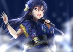  1girl asymmetrical_sleeves blue_flower blue_hair blue_kimono blurry_foreground brown_eyes eyebrows_visible_through_hair floating_hair flower hair_between_eyes hair_flower hair_ornament holding holding_microphone idol idolmaster idolmaster_(classic) japanese_clothes kimono kisaragi_chihaya lieass long_hair microphone music obi open_mouth sash singing solo stage upper_body white_flower 