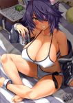  1girl alcohol anklet beer bikini blanket blush breasts can cleavage collarbone cooler covered_nipples darkmaya day eyepatch halter_top halterneck headgear holding huge_breasts jewelry kantai_collection off-shoulder_sweater outdoors patreon_logo purple_hair short_hair sitting smile soda_can sweater swimsuit tenryuu_(kantai_collection) white_bikini yellow_eyes 