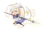  1girl armor armored_dress blonde_hair blue_eyes braid capelet chains chibi cigar_cat commentary_request eyebrows_visible_through_hair fate/apocrypha fate/grand_order fate_(series) faulds flag gauntlets headpiece highres jeanne_d&#039;arc jeanne_d&#039;arc_(fate) jeanne_d&#039;arc_(fate)_(all) long_braid long_hair single_braid solo very_long_hair violet_eyes 