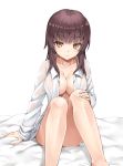  1girl bed_sheet black_hair breasts brown_eyes cleavage collarbone dress_shirt eyebrows_visible_through_hair hair_over_shoulder knees_together_feet_apart knees_up light_smile long_hair looking_at_viewer murata_taichi naked_shirt open_clothes open_shirt original see-through shiny shiny_skin shirt sidelocks sitting solo 
