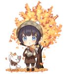  1girl animal autumn_leaves bangs beret black_footwear black_hair blue_eyes blush brown_coat brown_hat brown_legwear brown_scarf cat coat eyebrows_visible_through_hair food hat holding holding_food long_sleeves looking_at_viewer nagu original pantyhose parted_lips plaid plaid_hat plaid_scarf scarf shoes short_hair simple_background solo sweet_potato tree white_background yakiimo 