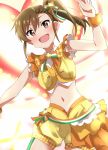  1girl :d bow brown_eyes brown_hair cowboy_shot crop_top eyebrows_visible_through_hair floating_hair futami_mami hair_between_eyes hair_bow hair_ornament idolmaster idolmaster_(classic) idolmaster_million_live! idolmaster_million_live!_theater_days lieass long_hair midriff navel open_mouth outstretched_arm shiny shiny_hair short_shorts shorts side_ponytail sleeveless smile solo standing star star_hair_ornament stomach striped striped_bow wristband yellow_shorts 