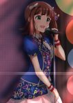  1girl :d amami_haruka blue_shirt blush bow brown_hair green_eyes hair_bow idolmaster idolmaster_(classic) lieass microphone_stand open_mouth pleated_skirt shiny shiny_hair shirt short_hair short_sleeves skirt smile solo standing sweatdrop white_bow white_skirt wristband 