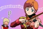  1girl blonde_hair clapping closed_eyes closed_mouth gloves gradient gradient_background green_eyes gundam instrument military military_uniform mineva_lao_zabi music musical_note open_mouth orange_hair playing_instrument quattro_vageena short_hair smile tani_kazuya turtleneck uniform violin zeta_gundam 