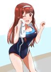  1girl ;d blush breasts brown_eyes brown_hair cleavage collarbone competition_school_swimsuit hairband idolmaster idolmaster_million_live! leaning_forward lieass long_hair one_eye_closed open_mouth shiny shiny_hair shiny_skin sketch smile solo standing swimsuit tanaka_kotoha towel towel_around_neck very_long_hair wet white_hairband white_towel 