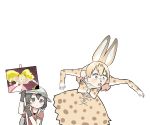  animal_ears backpack bag black_hair blonde_hair elbow_gloves extra_ears fuyuri_(tibirobo) gloves hat highres kaban_(kemono_friends) kemono_friends photo-referenced quality reference_photo_inset serval_(kemono_friends) sign white_background 