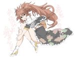 1girl boots brown_eyes brown_hair character_request elf_(stroll_in_the_woods) eyebrows_visible_through_hair graphite_(medium) hair_between_eyes high_heel_boots high_heels highres knees_to_chest long_hair looking_at_viewer obi sash senki_zesshou_symphogear solo thighs traditional_media white_background 