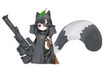  1girl animal_ears bailingxiao_jiu black_hair black_pants blush brown_eyes character_request closed_mouth cyborg eyepatch gauntlets girls_frontline gun highres holding holding_gun holding_weapon leaf leaf_on_head long_hair looking_at_viewer pants raccoon_ears raccoon_girl raccoon_tail simple_background solo tail tail_raised weapon weapon_request whisker_markings white_background 